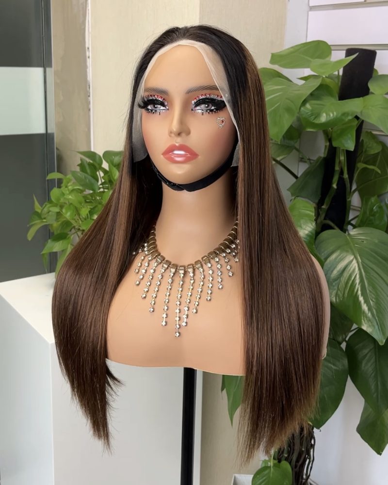#4 Brown Double Drawn Bone Straight 13x4 Transparent Lace Full Frontal 300% Density Wig - 图片 3